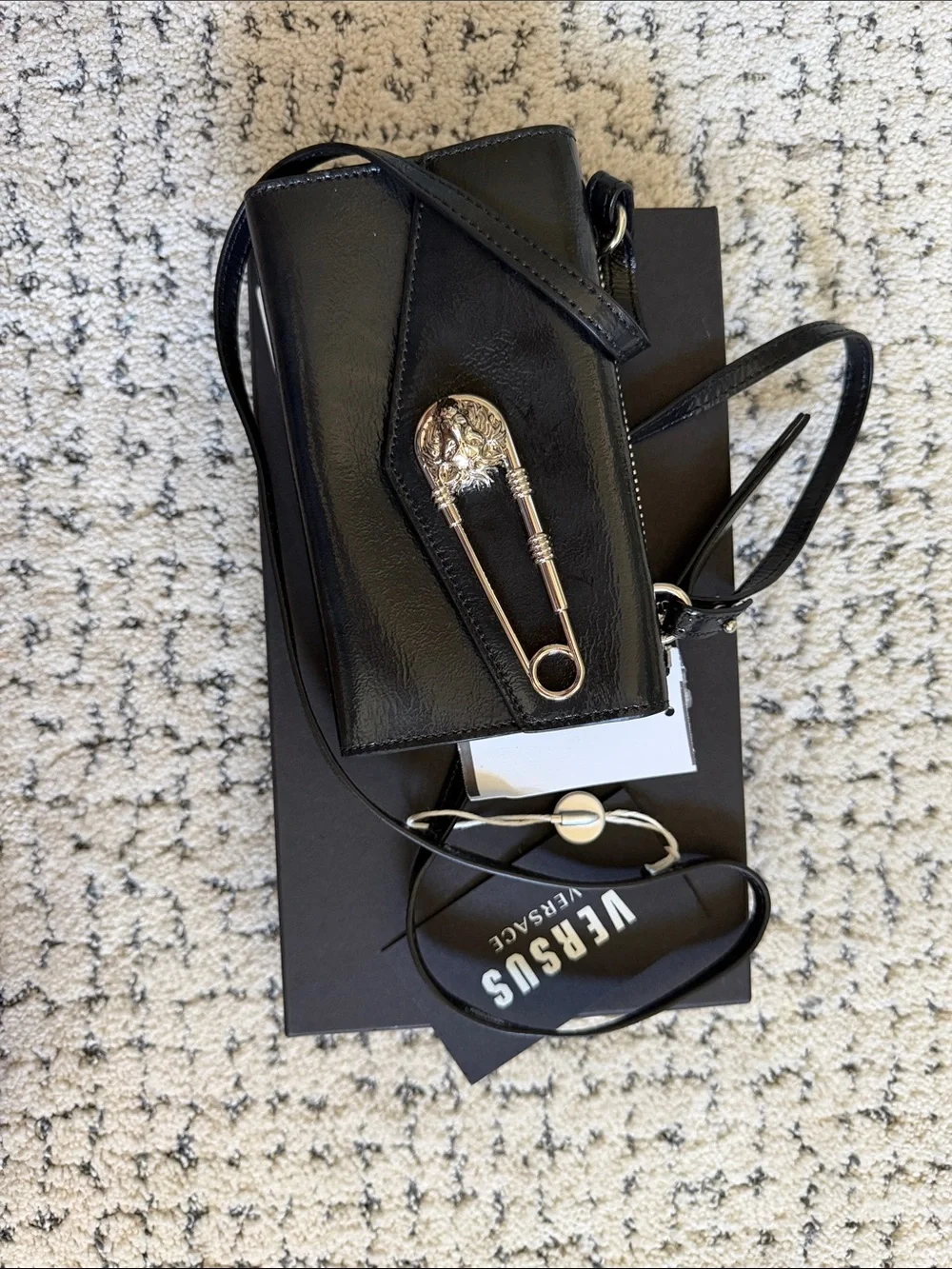 Versus Versace Black Leather Key & Card Holder with Silver Safety Pin